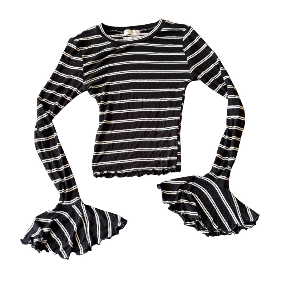 Urban Outfitters Striped Bell Sleeve Lettuce Edge Ribbed Top Black White XS